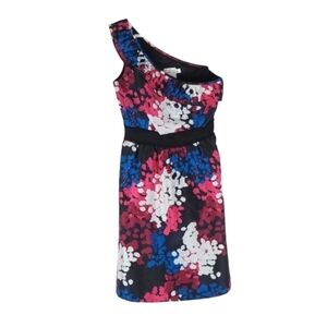 Bold Floral One Shoulder Dress in Pink Blue White Black, Size 4